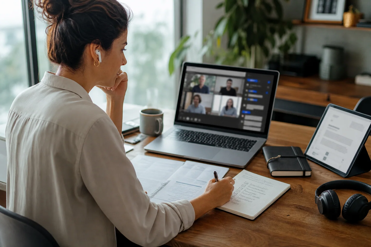 Profissional em mesa de trabalho participa de colaboração internacional por vídeo e consulta materiais em inglês em um ambiente corporativo contemporâneo.