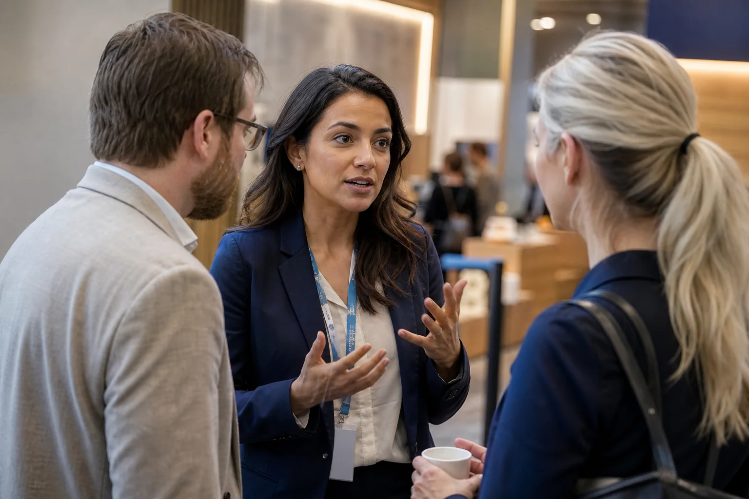 Profissionais conversam de forma natural em um evento corporativo, em ambiente de feira ou conferência, com clima acolhedor e foco na interação.