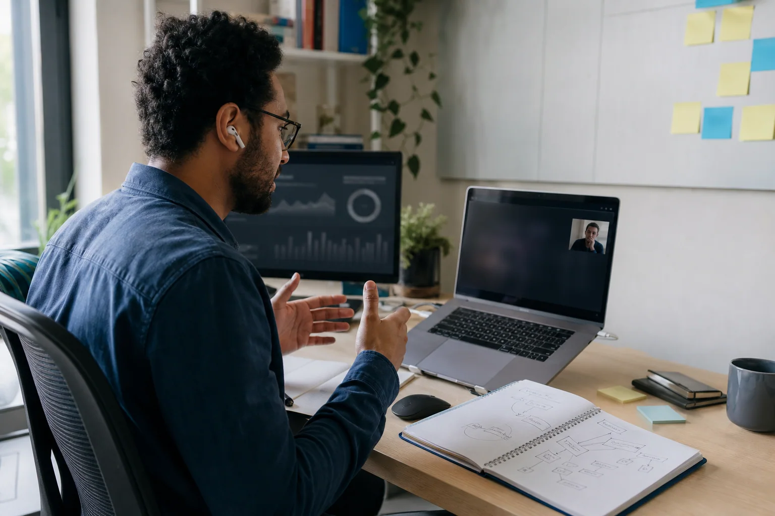 Desenvolvedor em entrevista técnica remota, explicando uma ideia com calma diante do laptop e anotações visuais ao lado.
