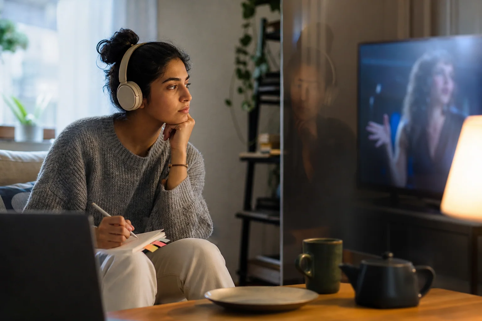 Pessoa estudando inglês em casa enquanto assiste a uma série e separa expressões úteis do dia a dia de falas dramáticas demais.