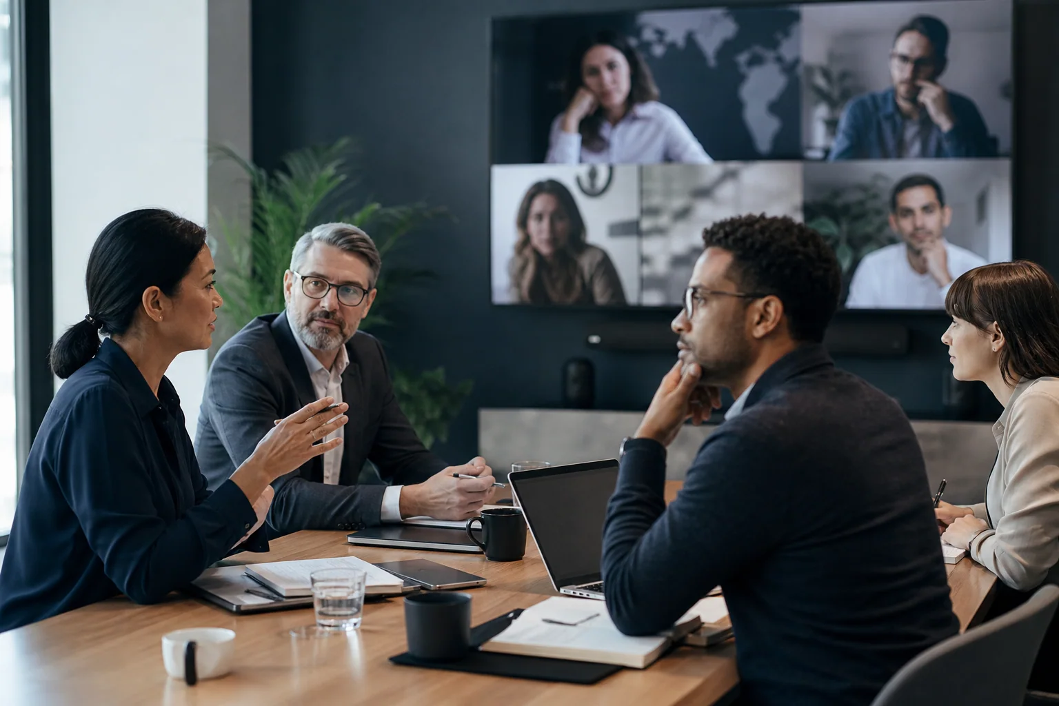 Profissionais de um time global em videoconferência, alinhando ideias e próximos passos com expressão atenta e colaborativa.