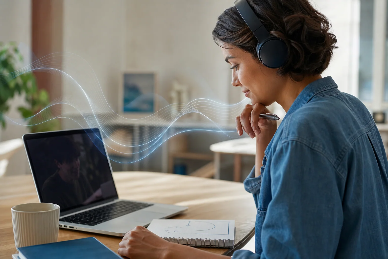Pessoa estudando inglês com fones enquanto elementos visuais abstratos sugerem sons conectados e reductions na fala.