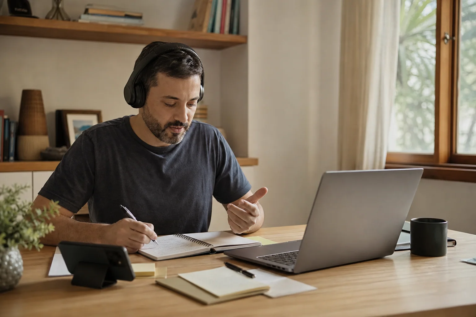 Adulto estudando inglês em casa com notebook, caderno e fones, em um recomeço organizado e realista.