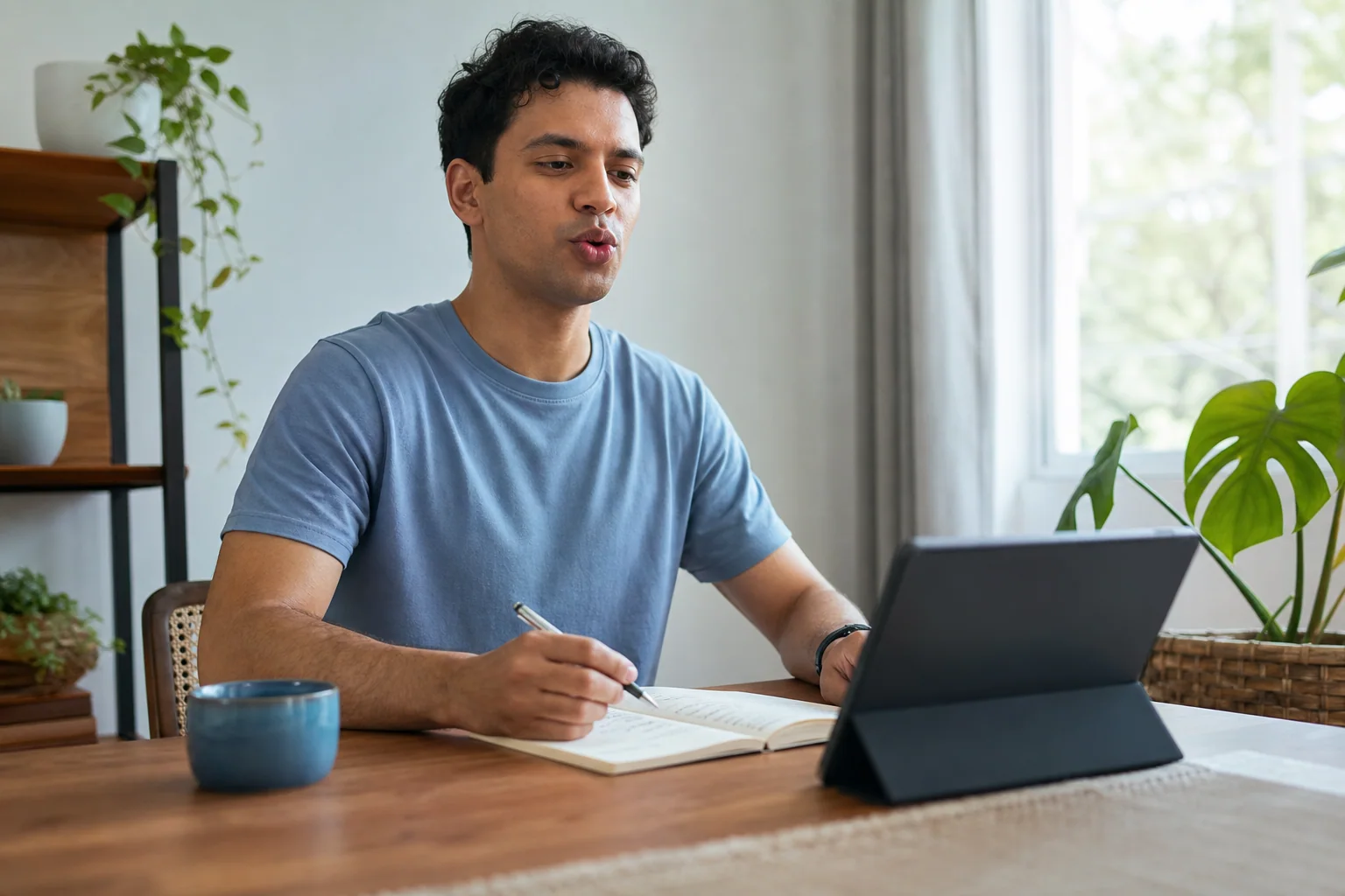 Pessoa estudando inglês em casa com notebook e caderno, praticando de forma focada e organizada em uma mesa simples.