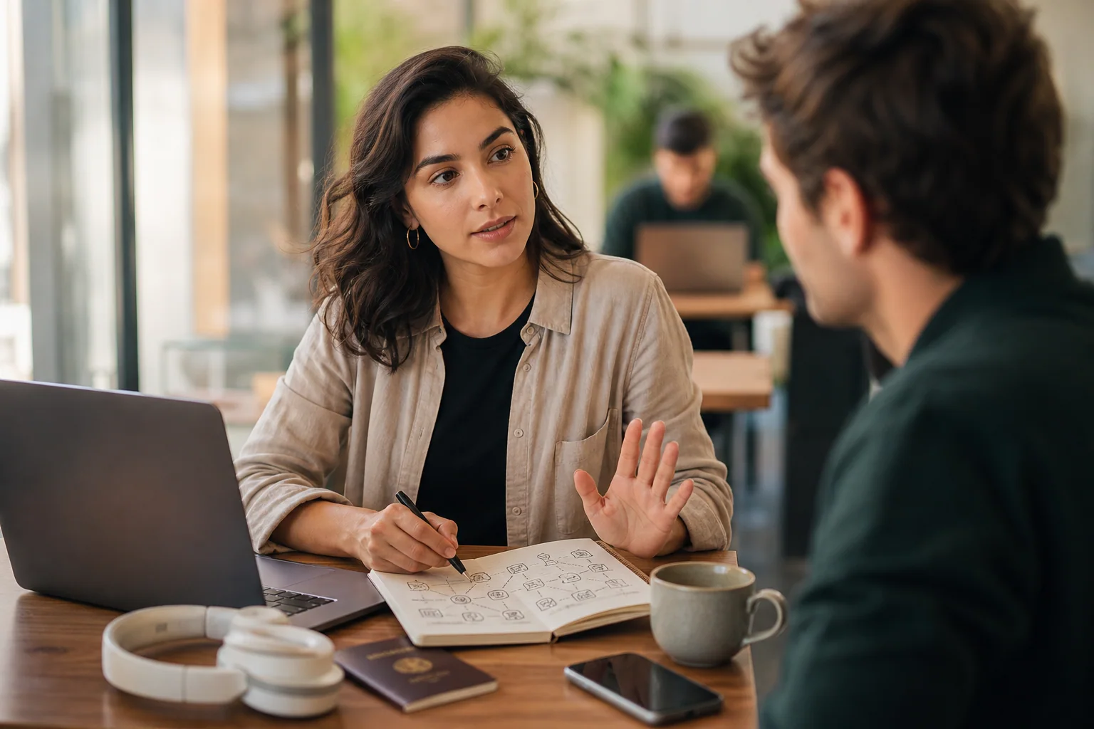 Pessoa em ambiente de coworking faz gesto de confirmação durante conversa em inglês, com caderno e objetos que sugerem trabalho, viagem e estudo.