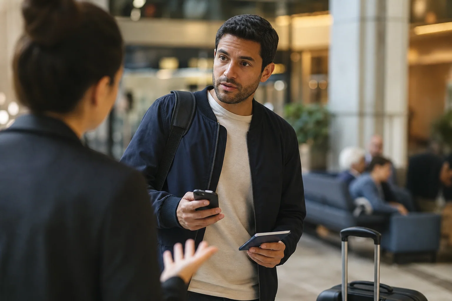 Viajante em aeroporto ou hotel escuta orientações e se prepara para responder em inglês durante uma situação comum de viagem.