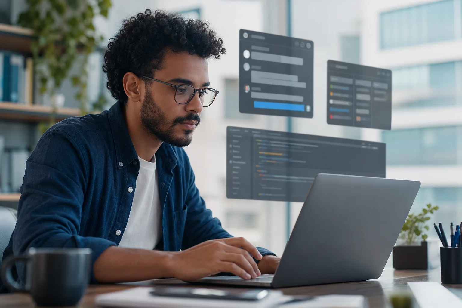 Desenvolvedor em ambiente de trabalho moderno revisando mensagens e tarefas técnicas no notebook, em cena que sugere perguntas claras e alinhamento de entendimento em inglês.