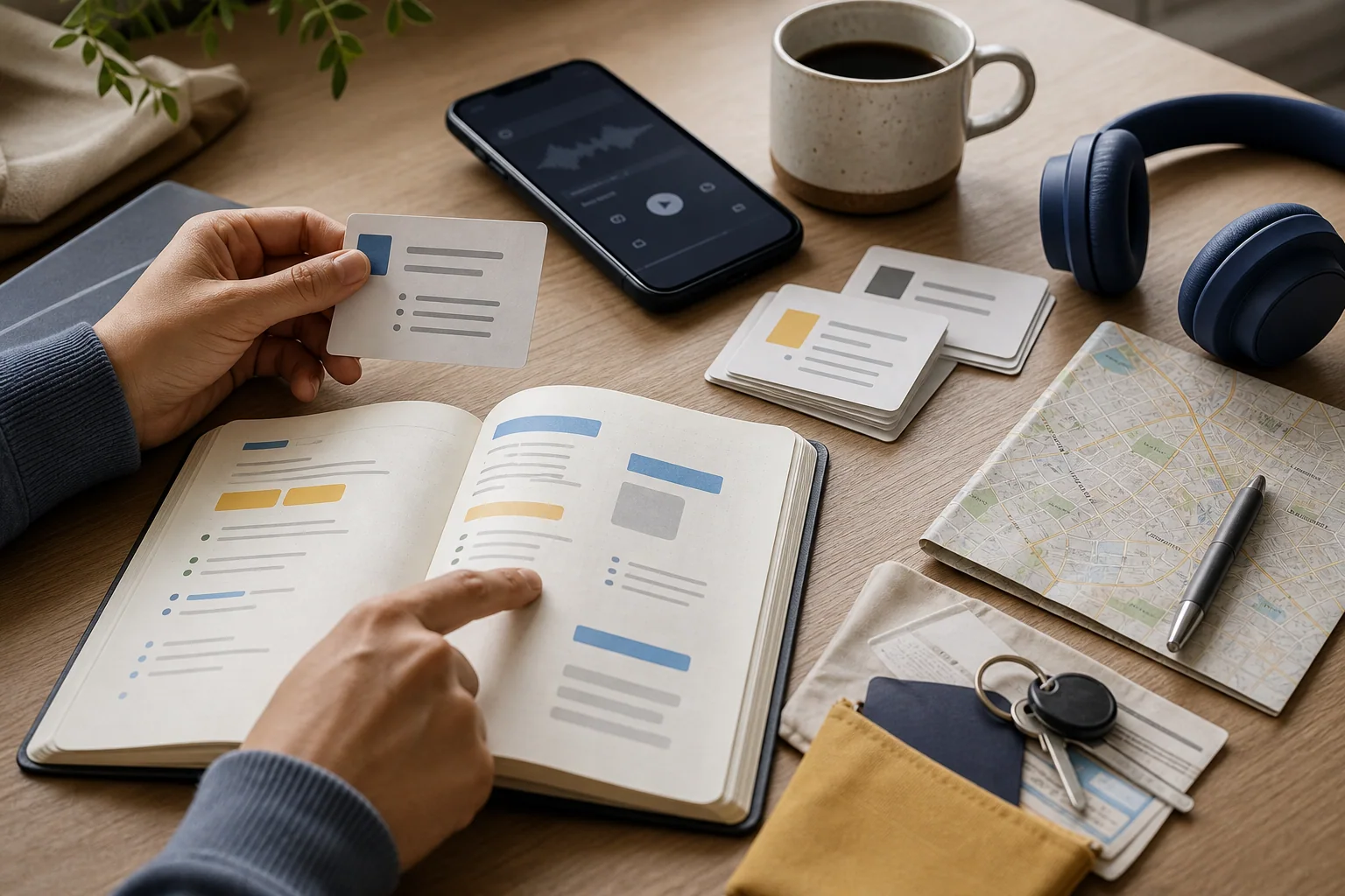 Mesa de estudo com caderno, cartões, celular, mapa e café, sugerindo aprendizado prático de vocabulário básico em inglês por situações reais.