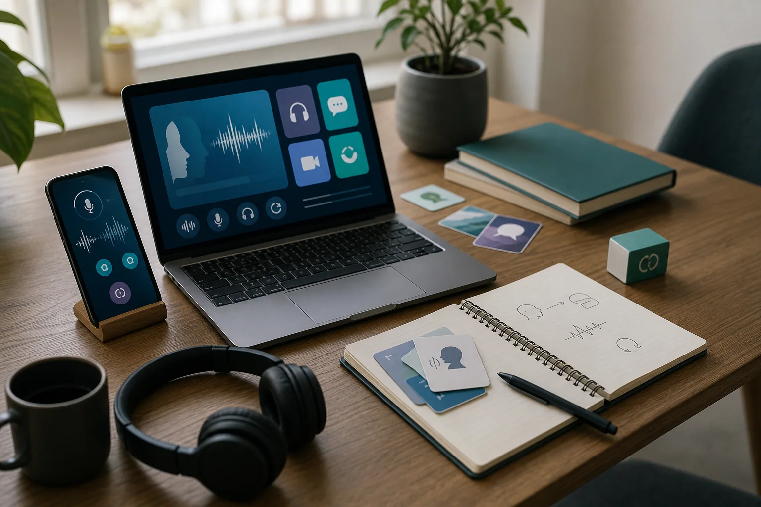 Mesa de estudo com celular, notebook, caderno e flashcards, contrastando exploração de apps de idioma com prática organizada e revisão ativa.