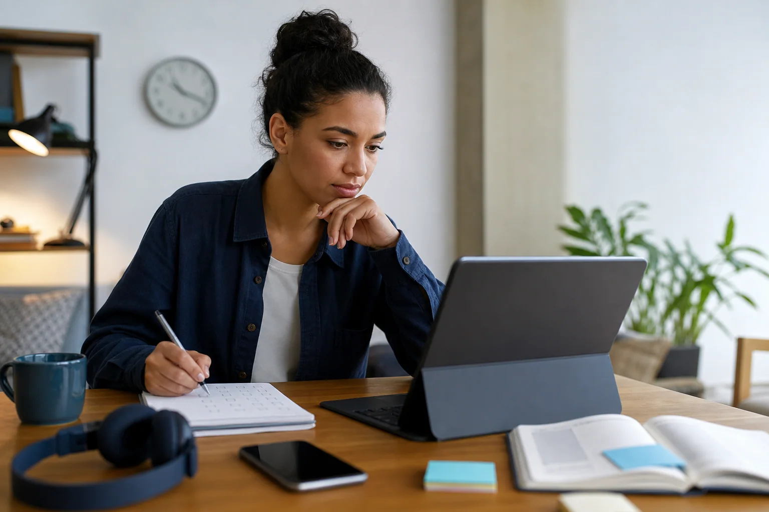 Pessoa compara opções de curso de inglês no laptop com checklist ao lado, em mesa de estudo organizada.