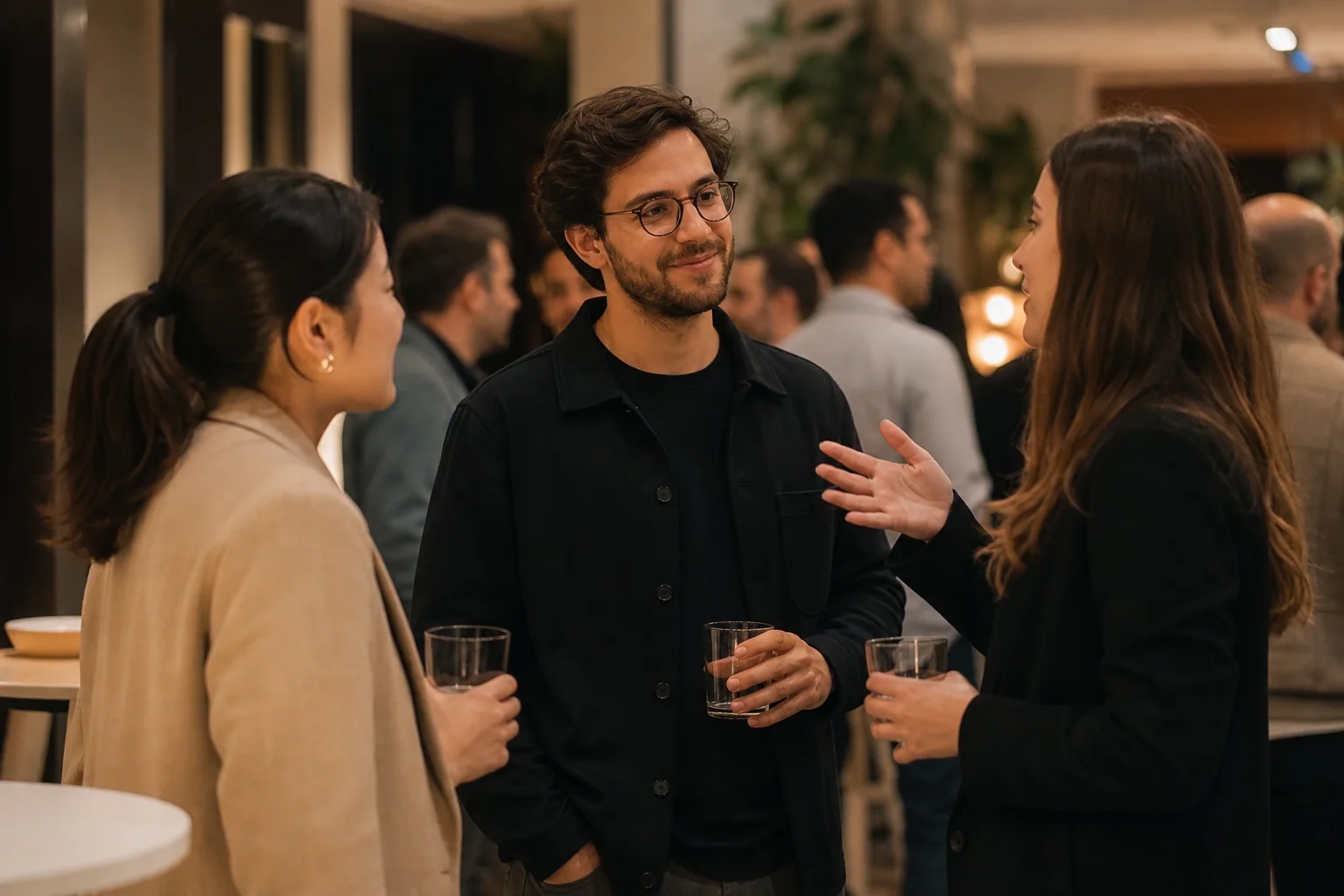 Grupo pequeno em conversa leve durante um evento, com expressão natural e ambiente acolhedor ao fundo.
