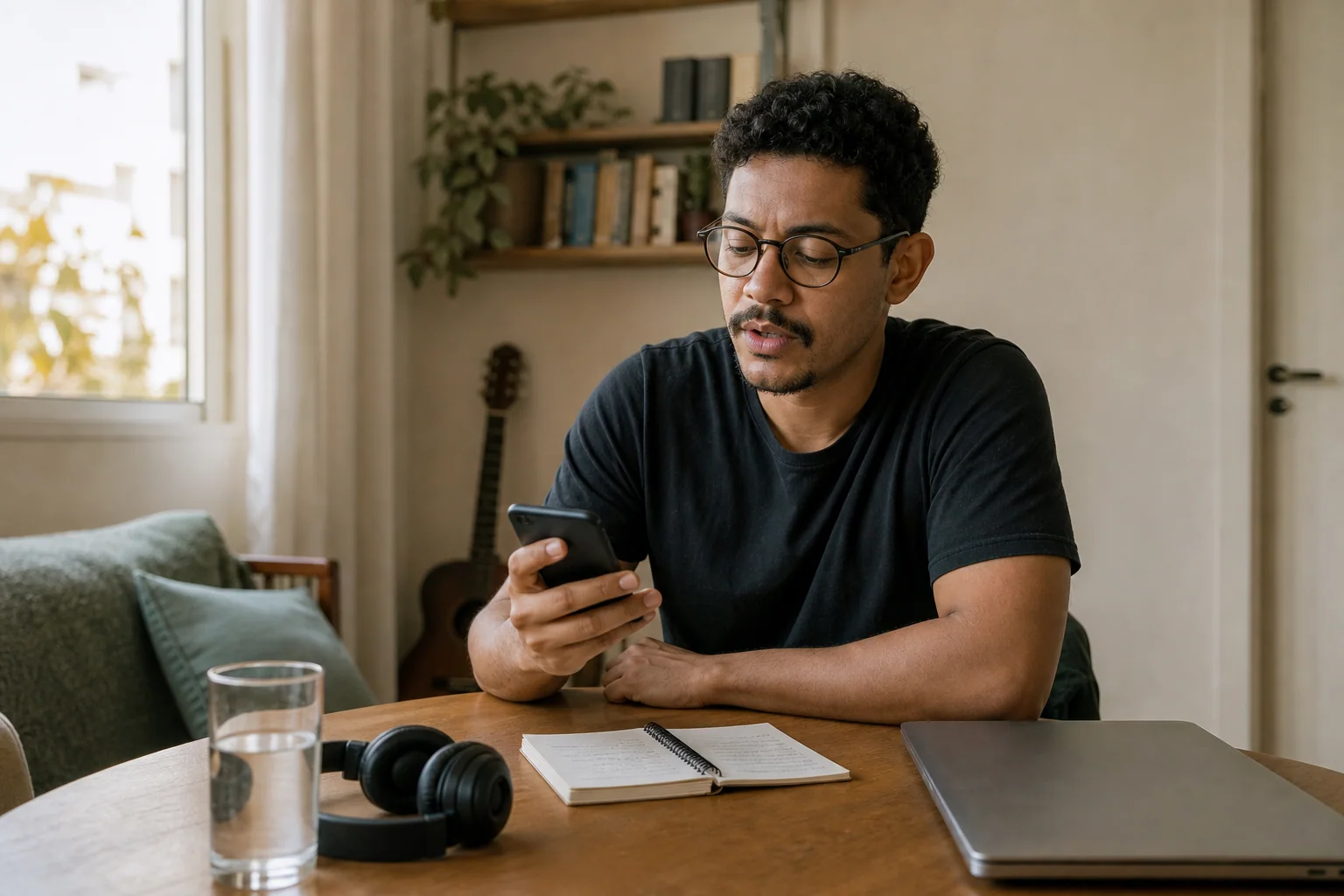 Pessoa estudando idiomas no celular em uma mesa simples e organizada, com poucas anotações e foco no uso intencional de um app.