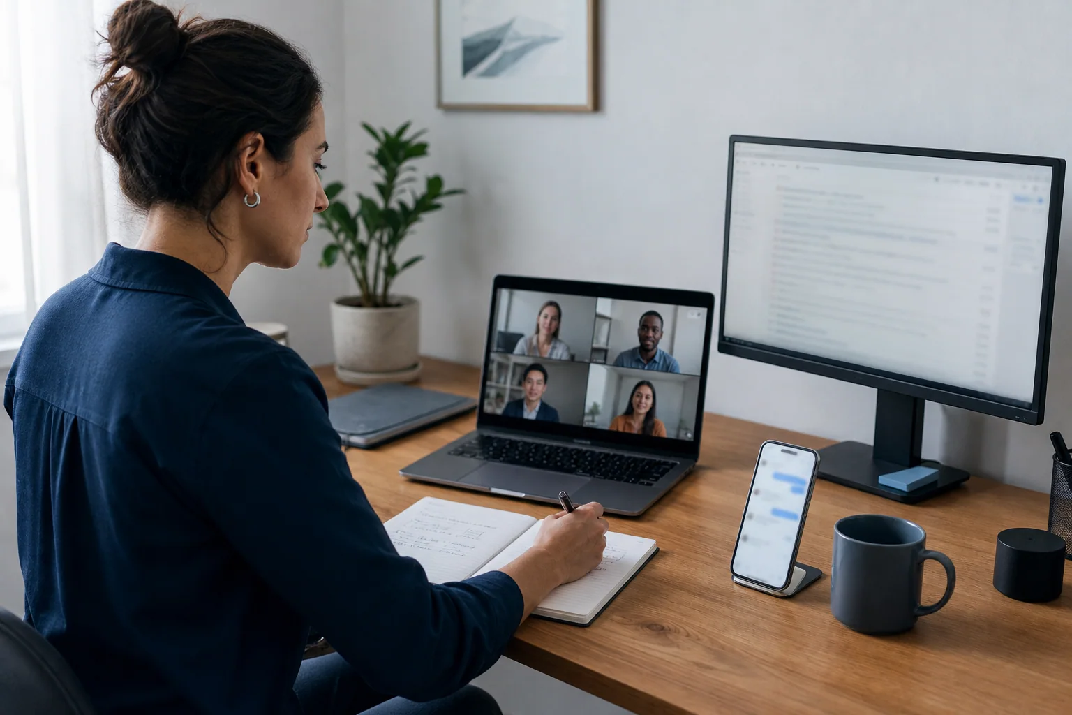 Profissional em videochamada faz anotações e alinha próximos passos entre notebook, chat e e-mail em ambiente de trabalho discreto.