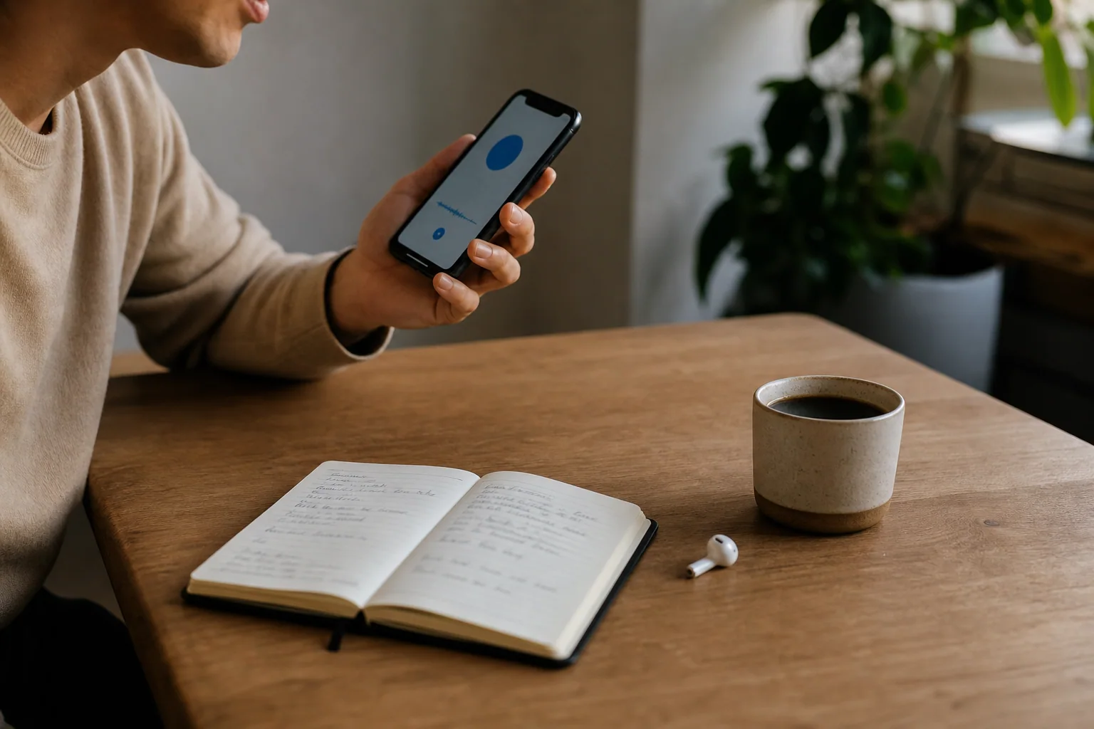 Pessoa estudando inglês pelo celular em uma mesa organizada, com um único app em foco, caderno e fone de ouvido.
