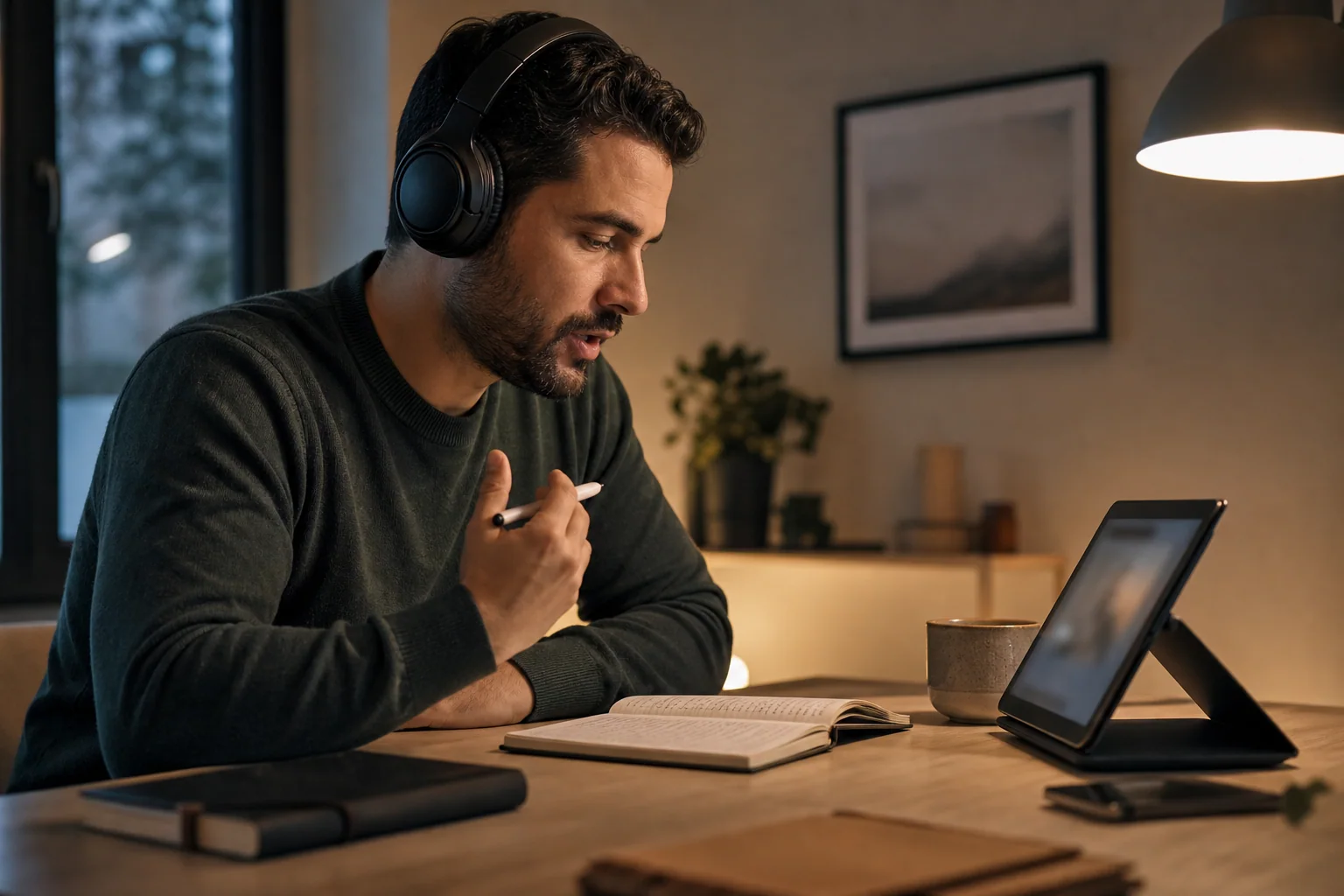 Adulto retomando o estudo de inglês em casa com mesa organizada, fones e caderno, em clima calmo e focado.