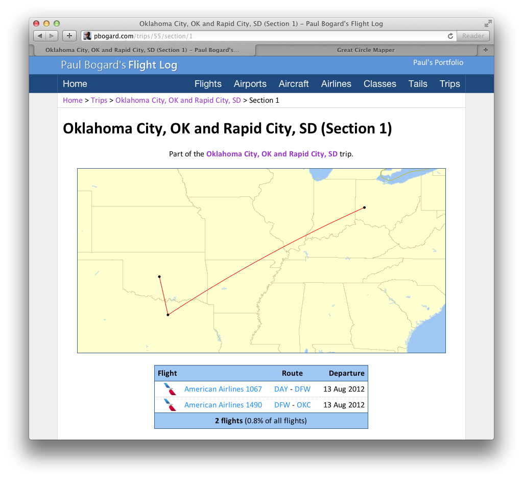 Screenshot of a Show Trip Section page