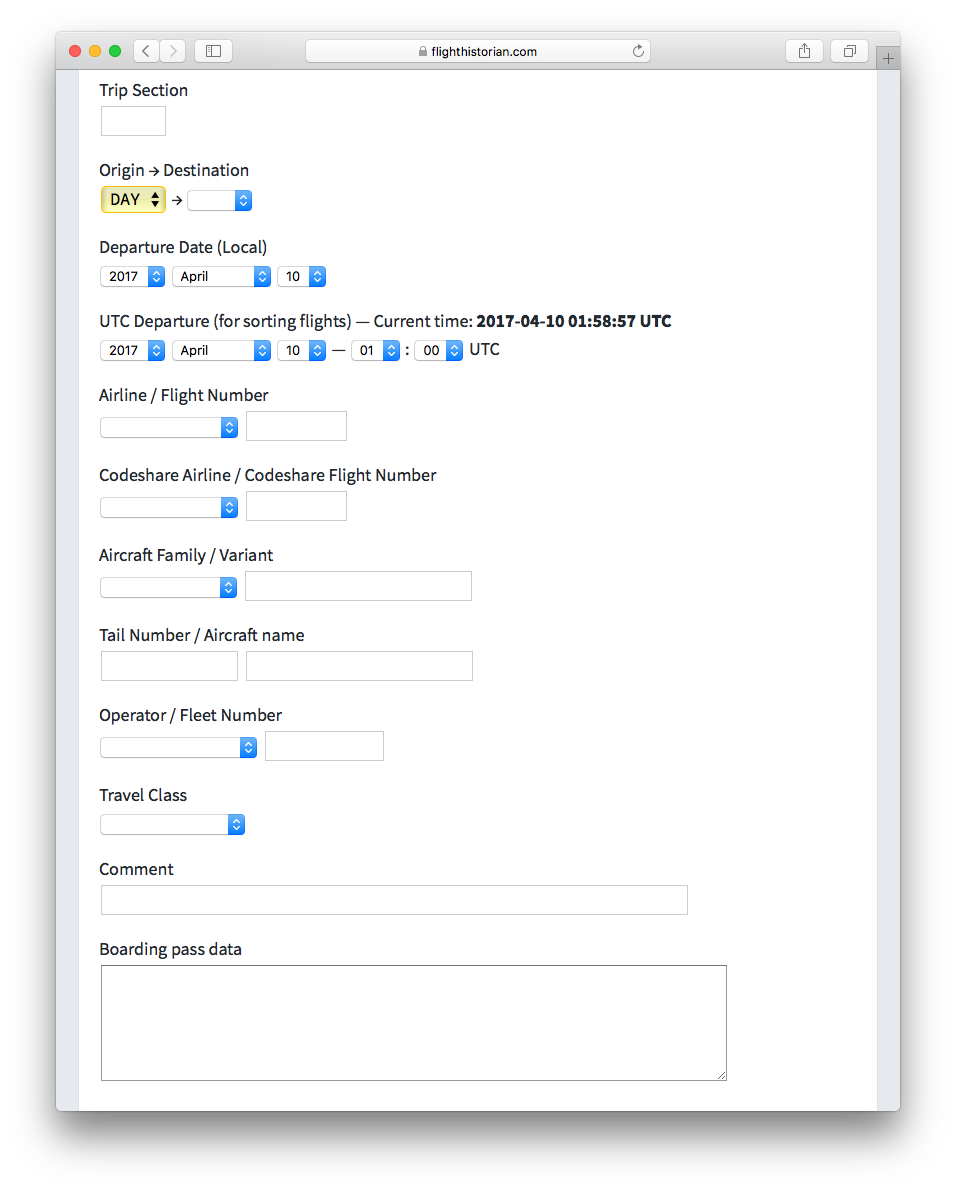 Screenshot of New Flight page
