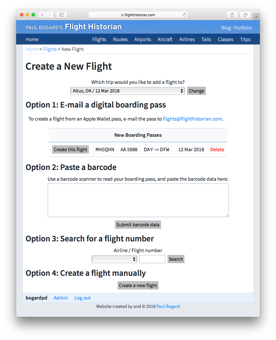 Screenshot of Flight Historian showing the New Flight Menu