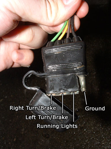 Trailer electrical connector with three female pins on the left and one male pin on the right. From left to right, the connectors are labeled “right turn/brake,” “left turn/brake,” running lights,” and “ground.”