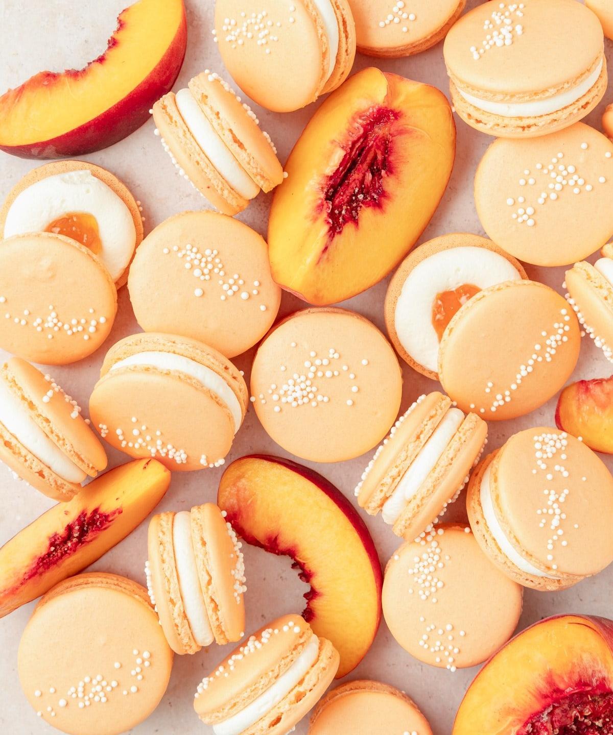 Peach Macarons with Fresh Peaches and Cream | Punchfork