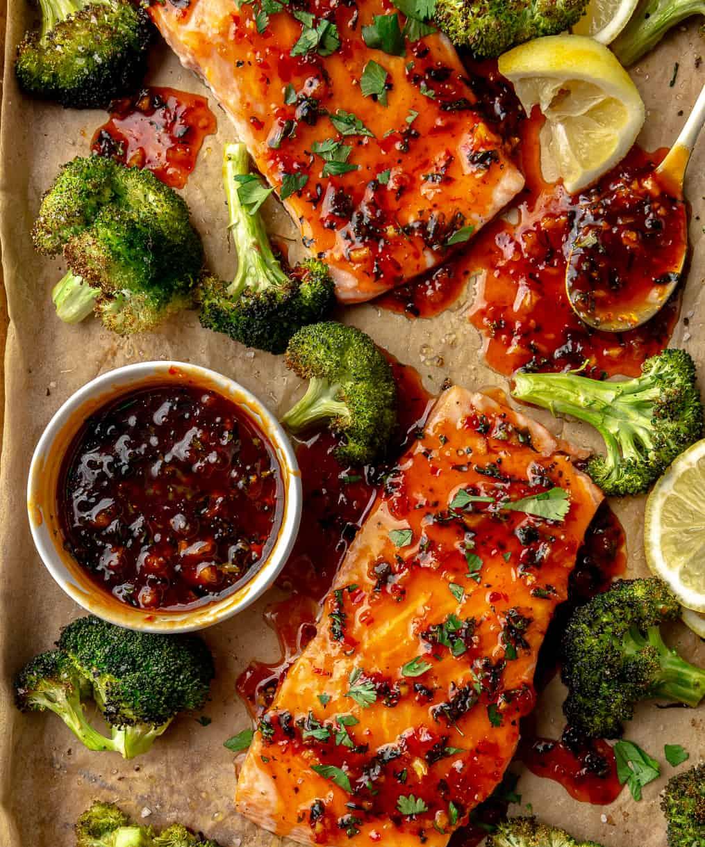 Sheet Pan Salmon + Broccoli with Harissa-Honey-Butter Drizzle