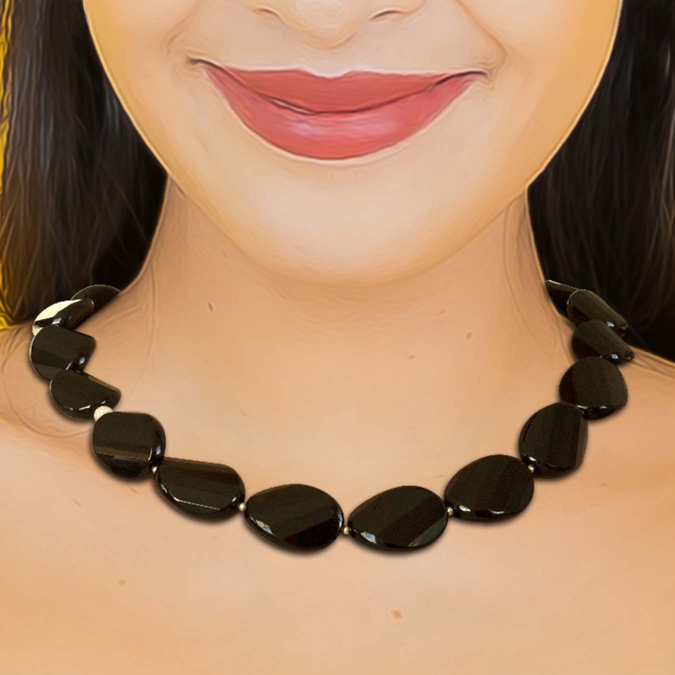 Statement necklace set made with faceted oval black agate gemstones
