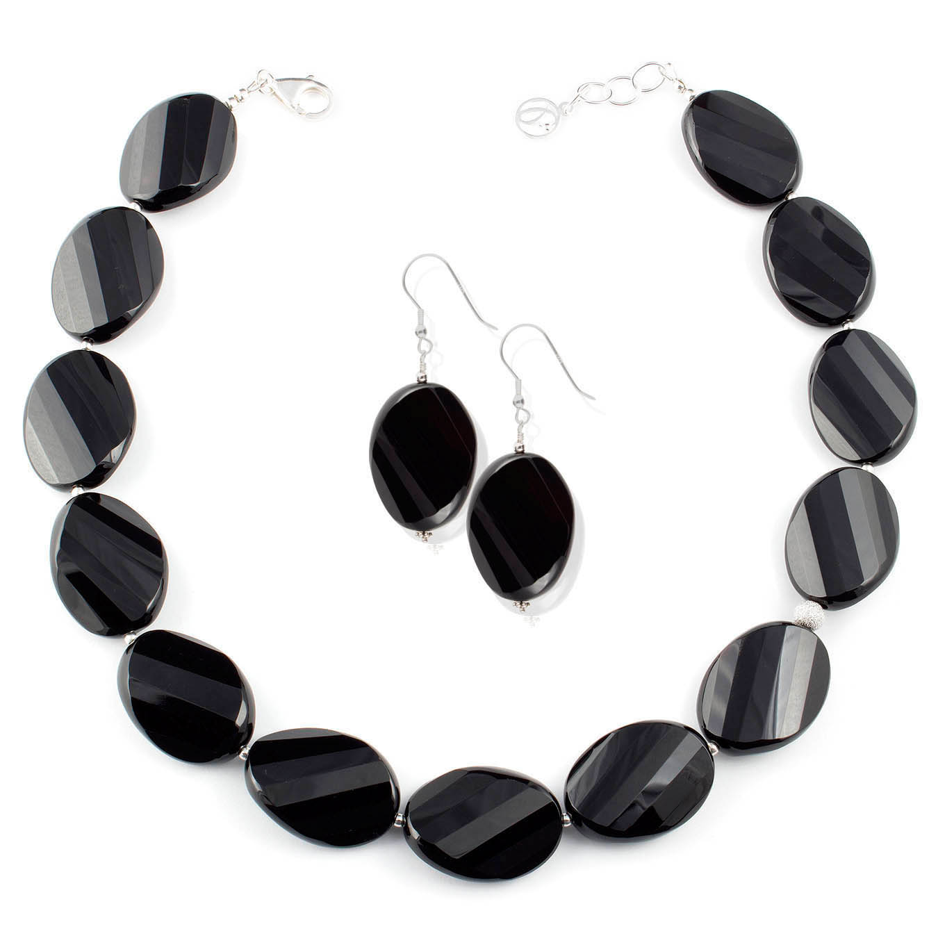 Statement necklace set made with faceted oval black agate gemstones