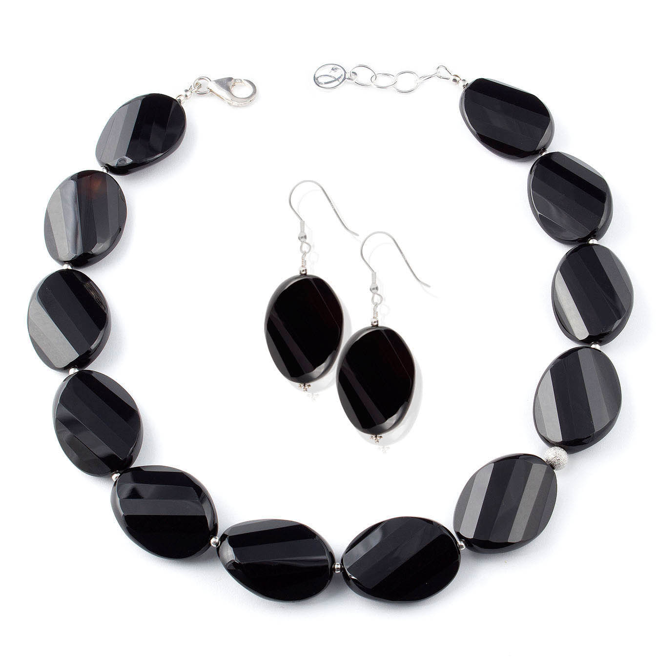 Handcrafted statement bead jewelry made with faceted oval black agate