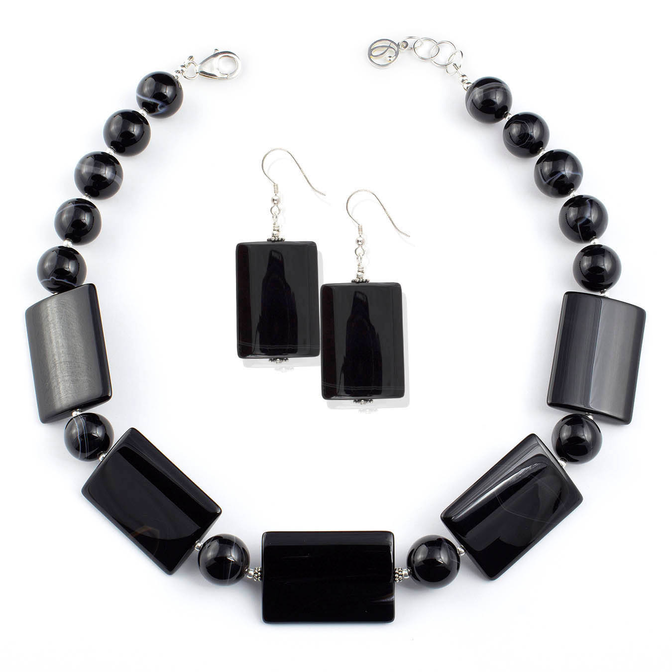 Collar necklace set made of chunky black lace agate and silver accents