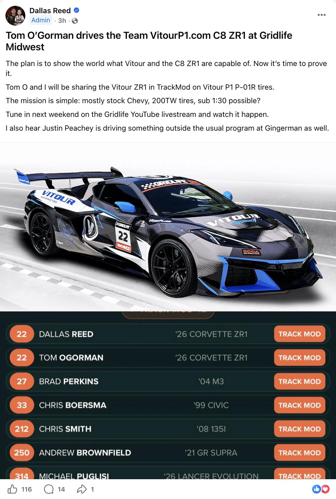 Tom O'Gorman to pilot Vitour's C8 ZR1 at Gridlife Midwest Festival