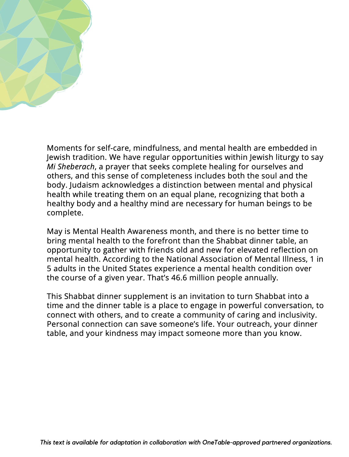 Intro to Mental Health Shabbat  