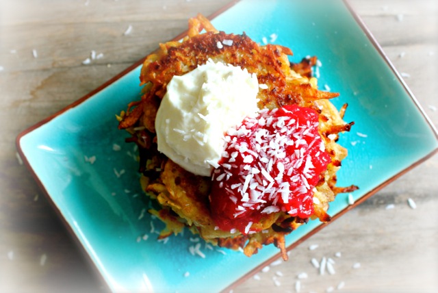 Coconut Latkes with Cranberry Applesauce & Cardamom Mascarpone by What Jew Wanna Eat