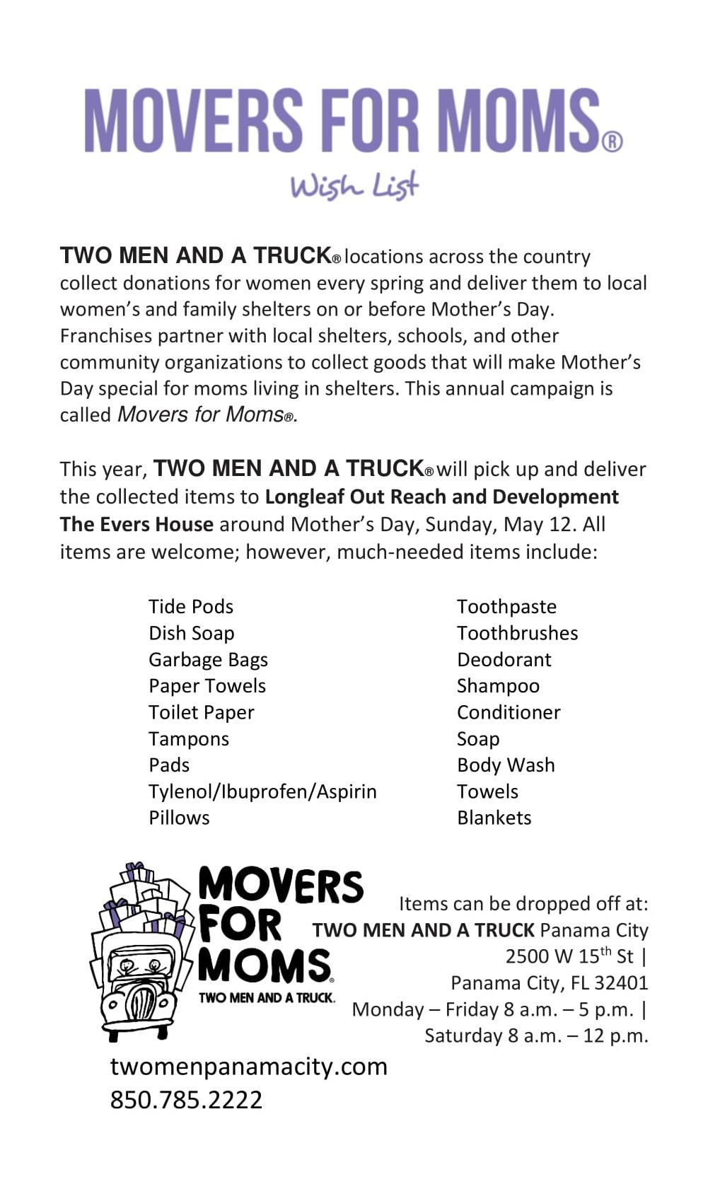 2019 TWO MEN AND A TRUCK Panama City Movers for Moms Wish List
