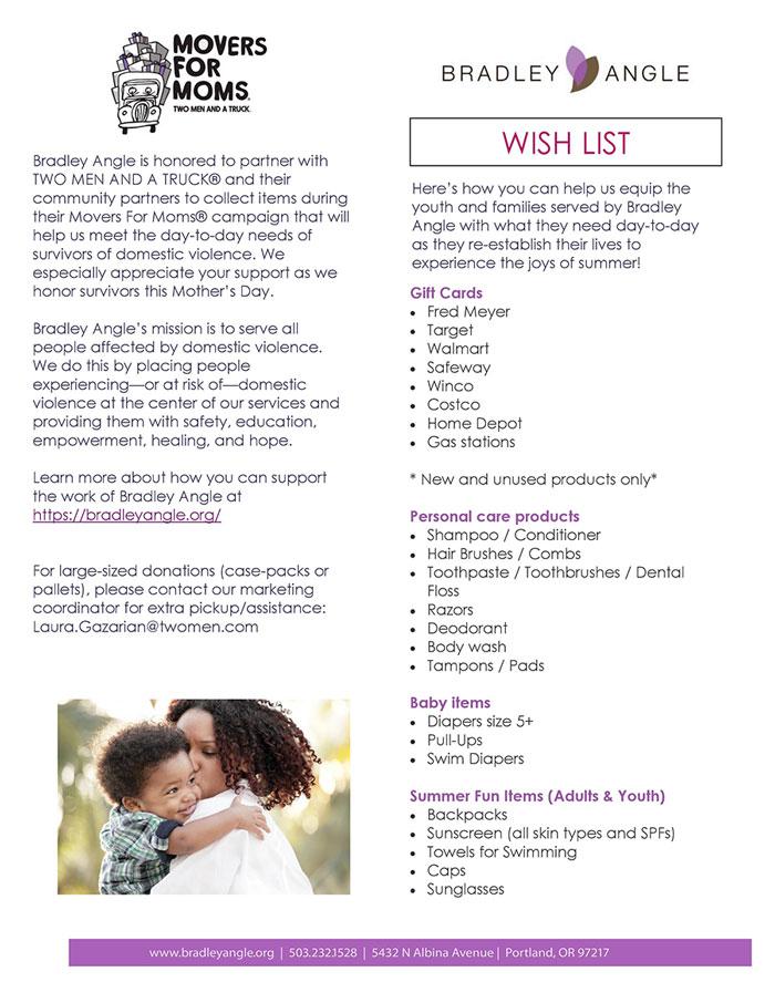 list of movers for moms donation items