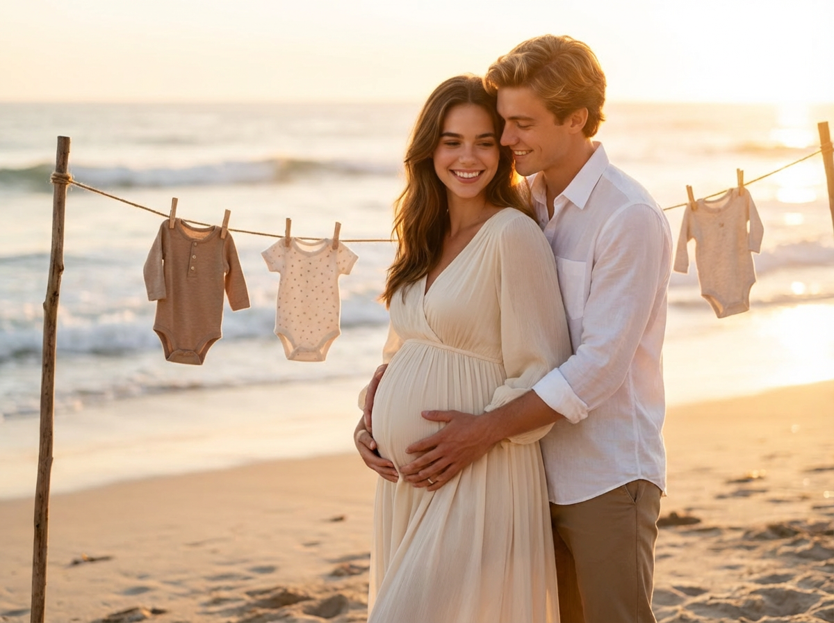 Romantic beach couples maternity photos at golden hour
