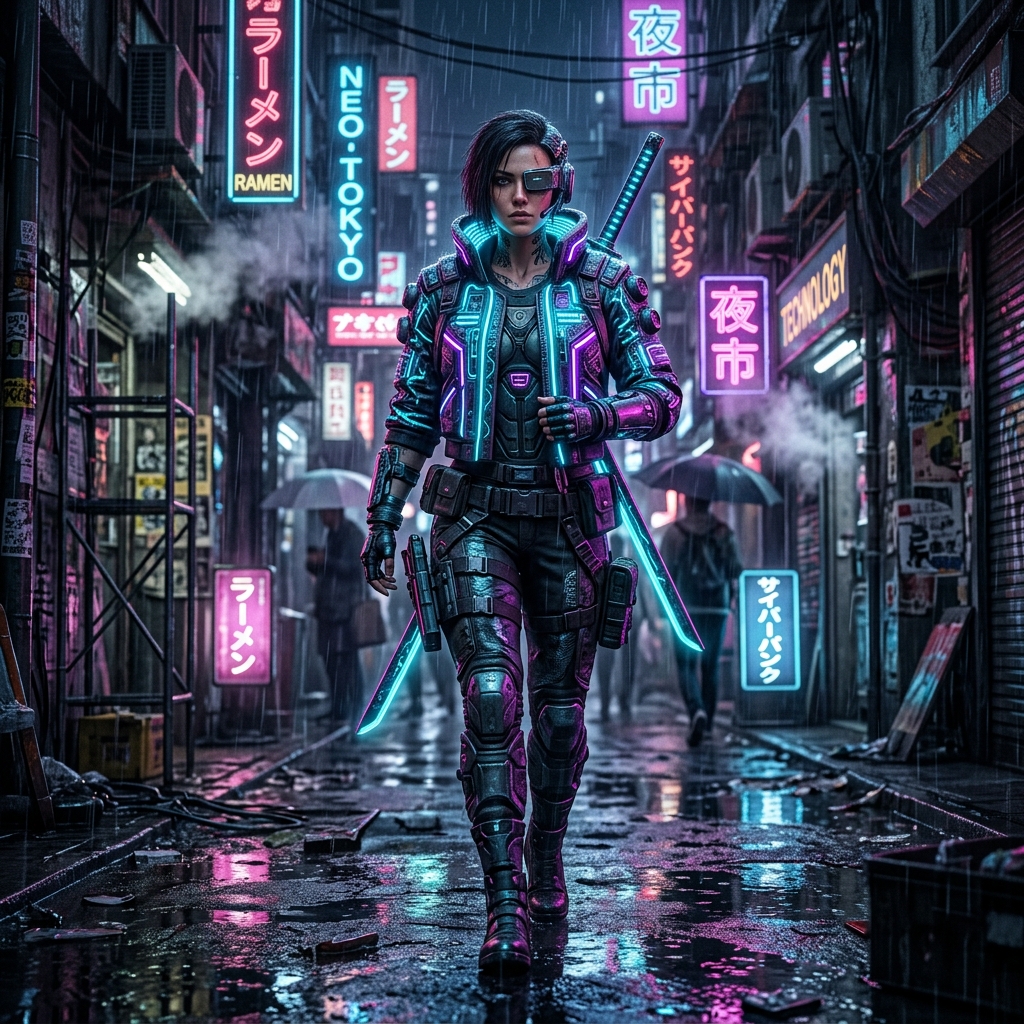 RenderPop face-swap sample — cyberpunk target scene