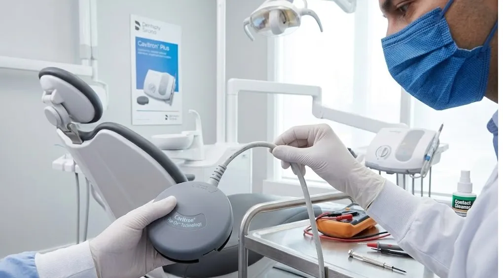 dental-technician-inspecting-and-gently-bending-a-dentsply-foot-pedal-cable-while-performing-maintenance-beside-a-modern-dental-chair-in-a-clinical-environment..webp