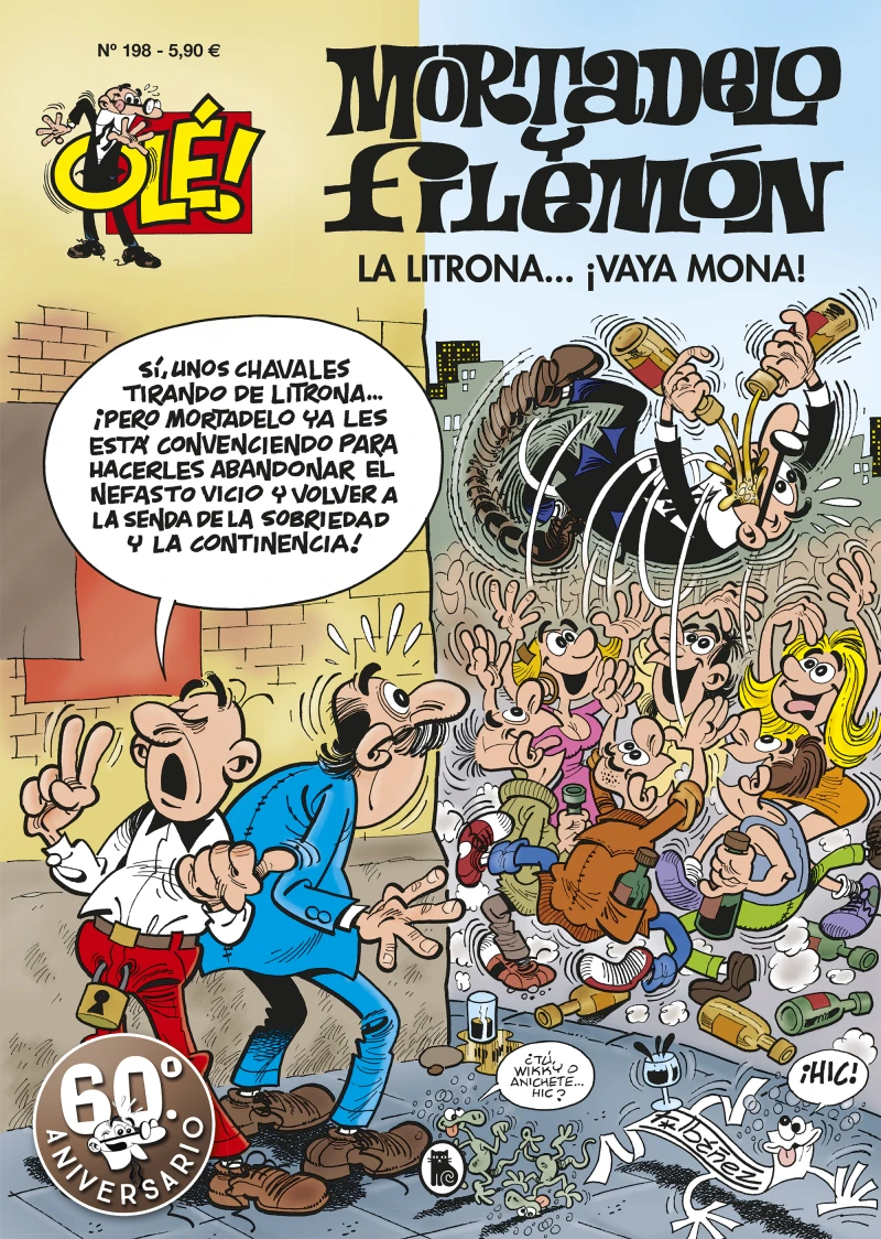 Portada: Mortadelo y Filemón. La litrona... ¡Vaya mona! (Olé! Mortadelo 198)