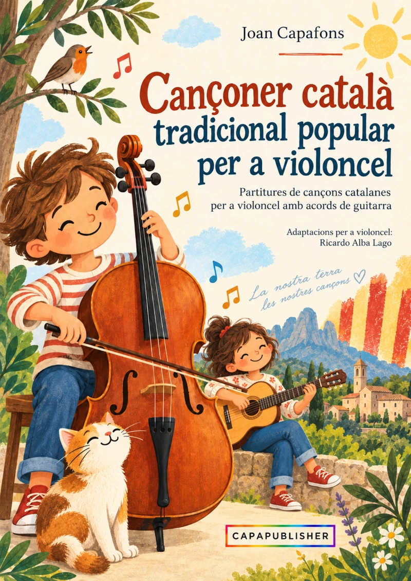Portada: Cançoner català tradicional popular per a violoncel amb gràfic d'acords de guitarra