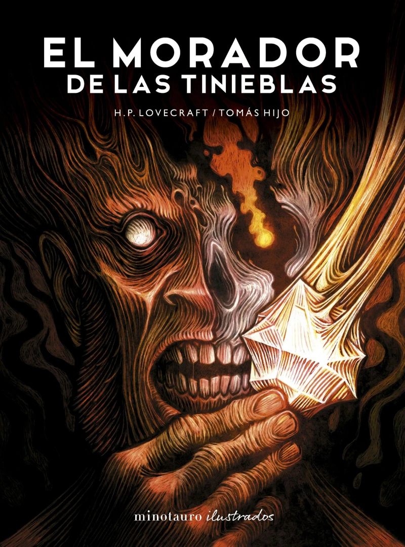 Portada: El morador de las tinieblas, de H.P. Lovecraft. Ilustrada por Tomás Hijo