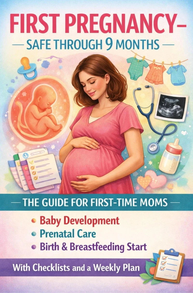 Portada: FIRST PREGNANCY – SAFE THROUGH 9 MONTHS: THE GUIDE FOR FIRST-TIME MOMS  Baby Development, Prenatal Care, Birth & Breastfeeding Start