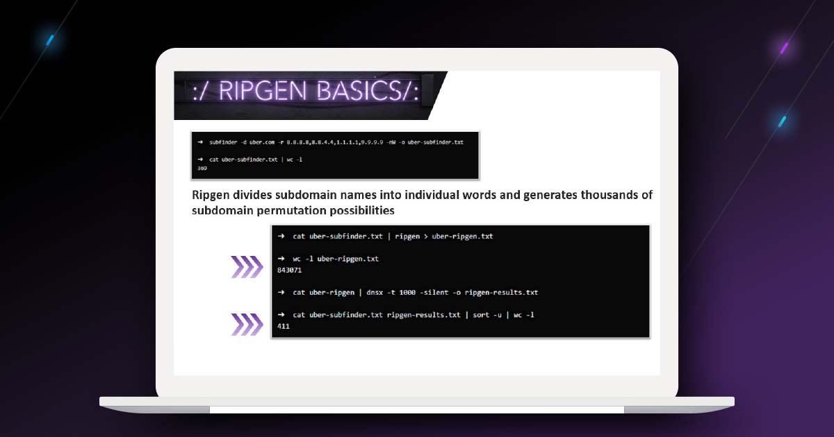 Screenshots of ripgen security tool doing subdomains discovery on white laptop display.