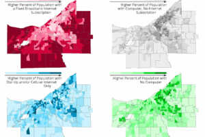 set of four maps showing broadband access and computer ownership in Cuyahoga County by census tract