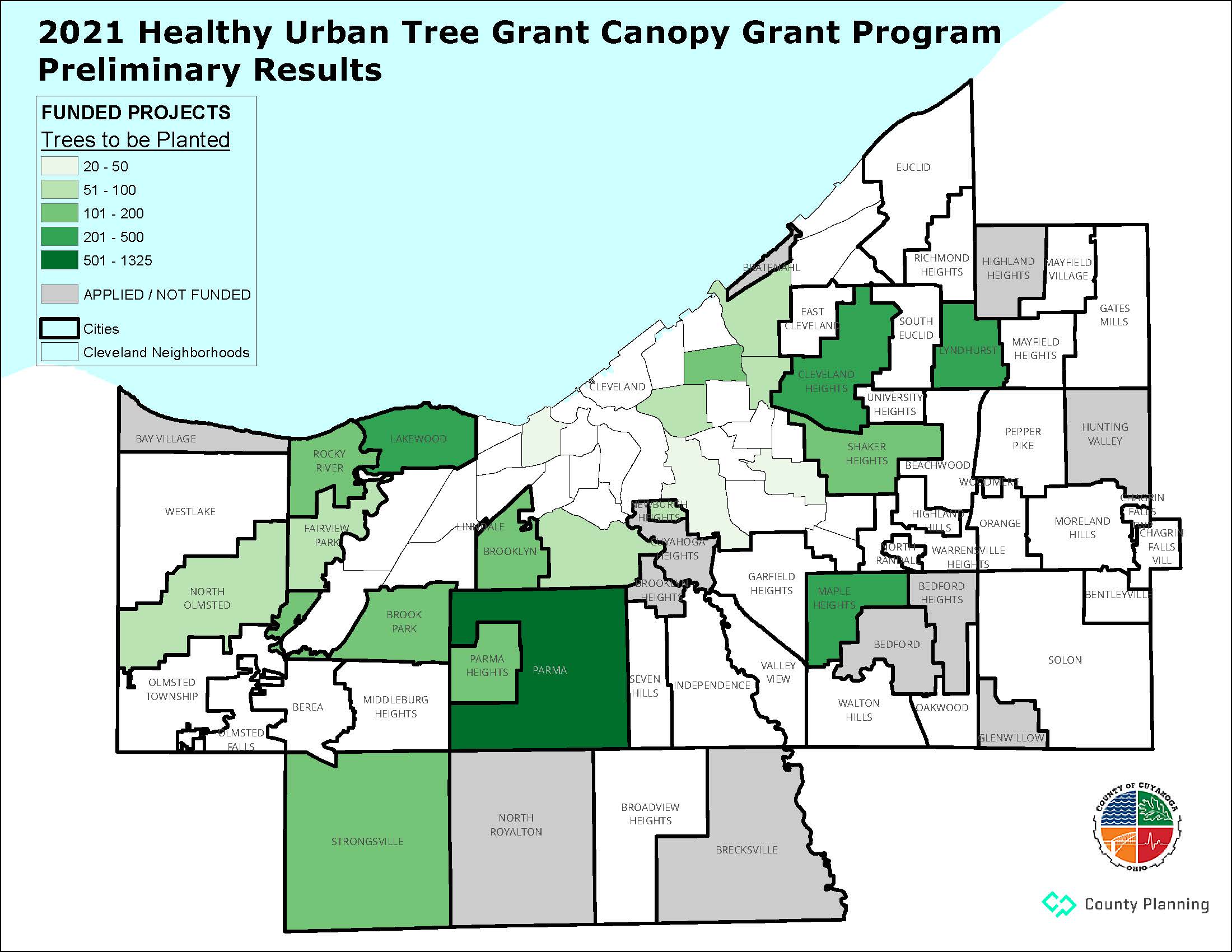 Preliminary map of 2021 Healthy Urban Tree Canopy Grant Program awards