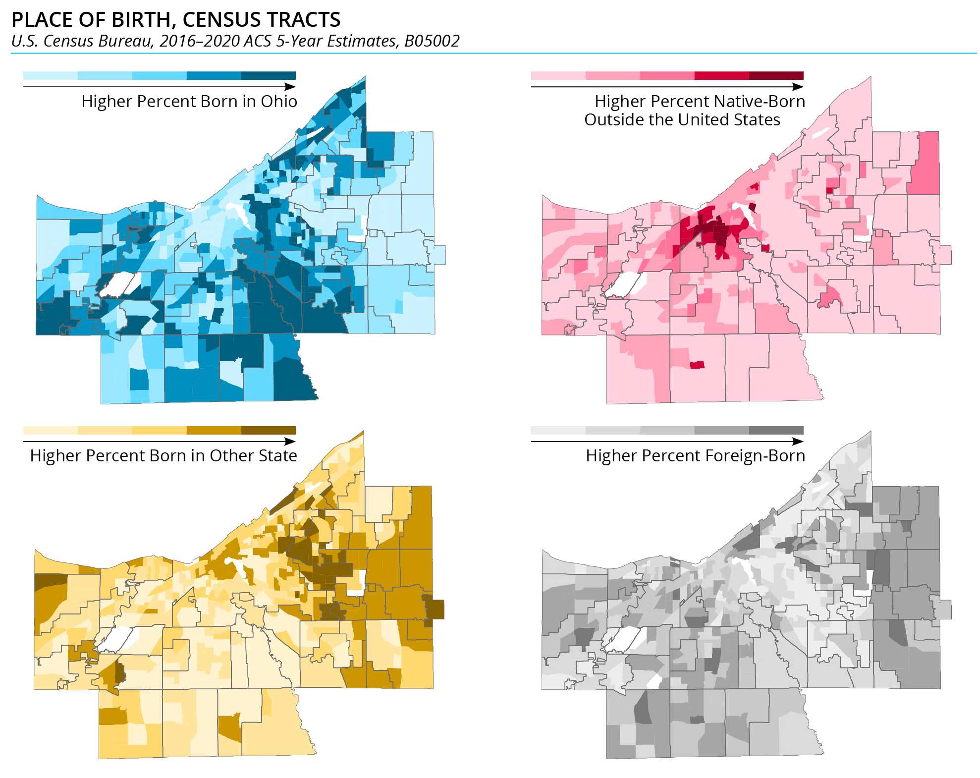 maps showing place of birth in Cuyahoga County by census tract