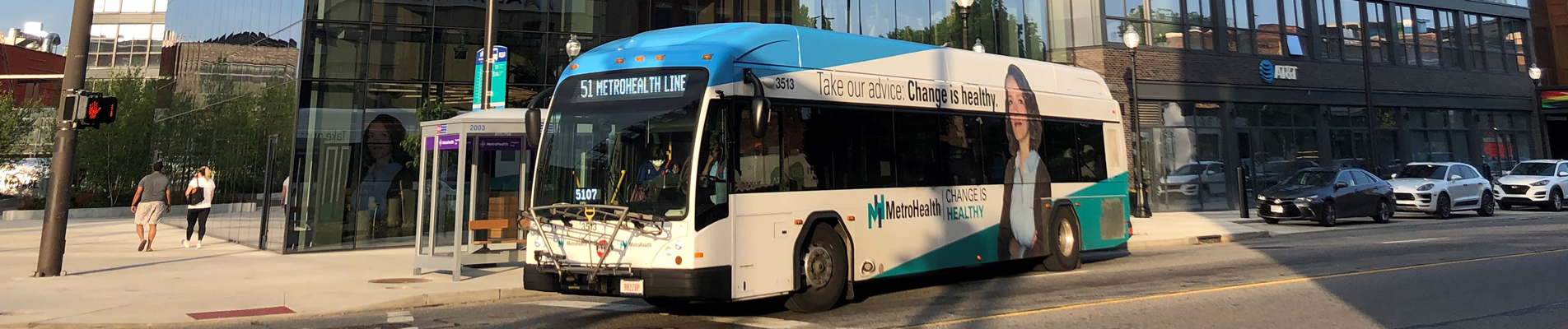 a RTA MetroHealth Line bus stops at the Intro TOD development in Ohio City