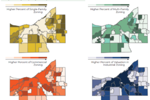 set of four generalized zoning maps of Cuyahoga County, showing single-family, multi-family, commercial, and industrial zoning