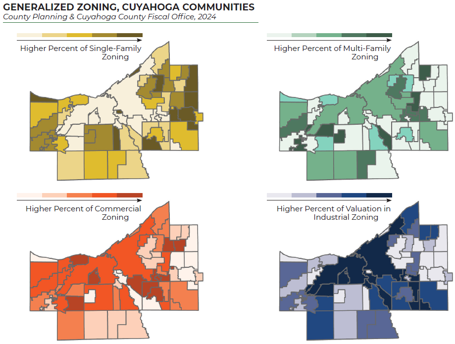 set of four generalized zoning maps of Cuyahoga County, showing single-family, multi-family, commercial, and industrial zoning