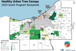 map of grant recipients in the 2024 Cuyahoga County Healthy Urban Tree Canopy Grant Program