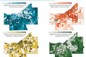 set of four maps showing commute methods of workers in Cuyahoga County
